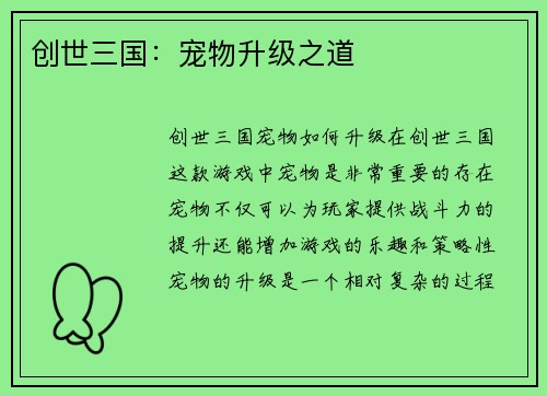创世三国：宠物升级之道